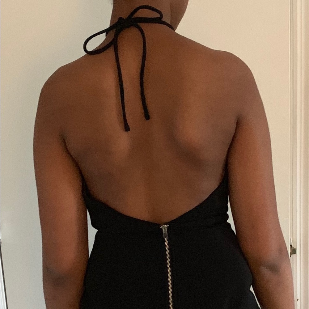 Black midi open back halter dress